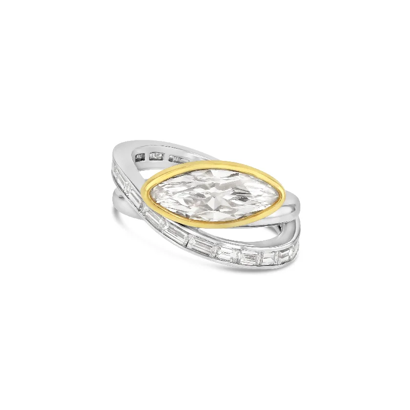 Ladies gold rings-Moval Baguette Helix Setting in two-tone 18K Gold