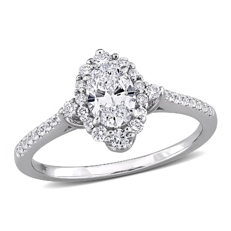 Ladies solitaire engagement rings-Created Forever by Miadora 3/4ct TW Oval Round-Cut Lab-Grown Diamond Halo Engagement Ring in 14k White Gold