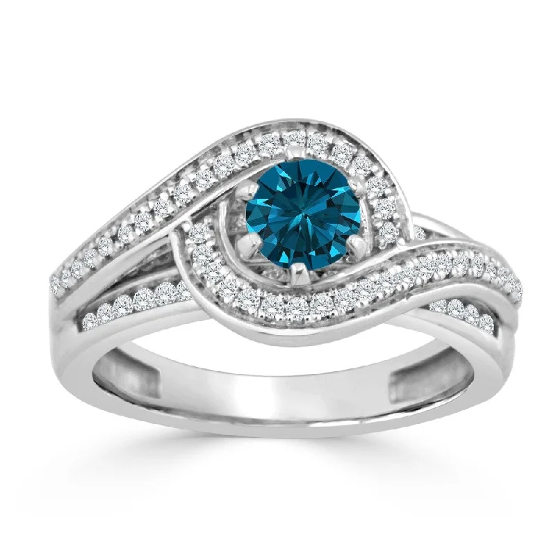 Ladies elegant engagement rings-Auriya Bypass Swirl 1ctw Halo Blue Diamond Engagement Ring 14k Gold