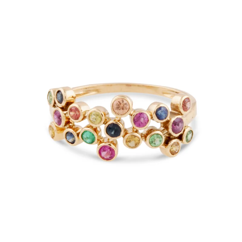 Ladies adjustable rings-Multicolor Stone Round Ring In 18K Yellow Gold