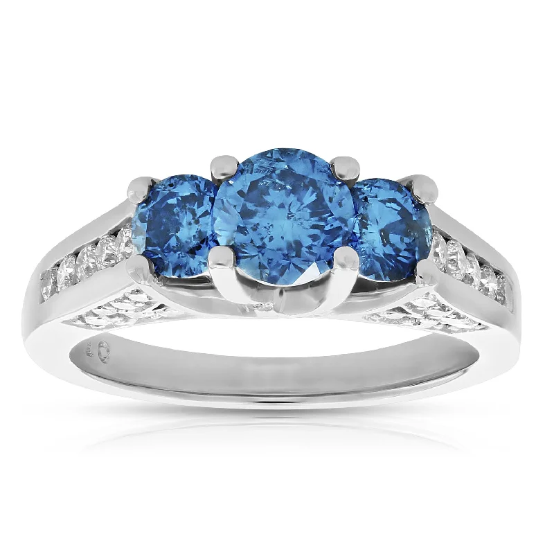 Ladies gold engagement rings-2.56 cttw Blue and White Diamond 3 Stone Ring 14K White Gold Engagement