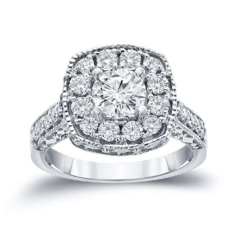 Ladies platinum engagement rings-14k Gold 1 1/2ct TDW Round Diamond Halo Engagement Ring by Auriya (H-I, I1-I2)