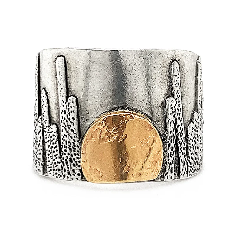 Ladies wedding rings-Yellow Gold & Sterling Silver Ring - "Moonrise Cigar Band"