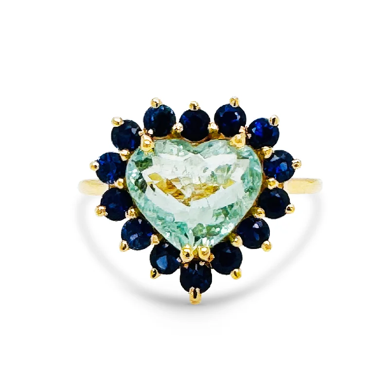 Ladies birthstone rings-Paraiba Tourmaline Heart shape & Blue Sapphire Round Ring In 18K Yellow Gold