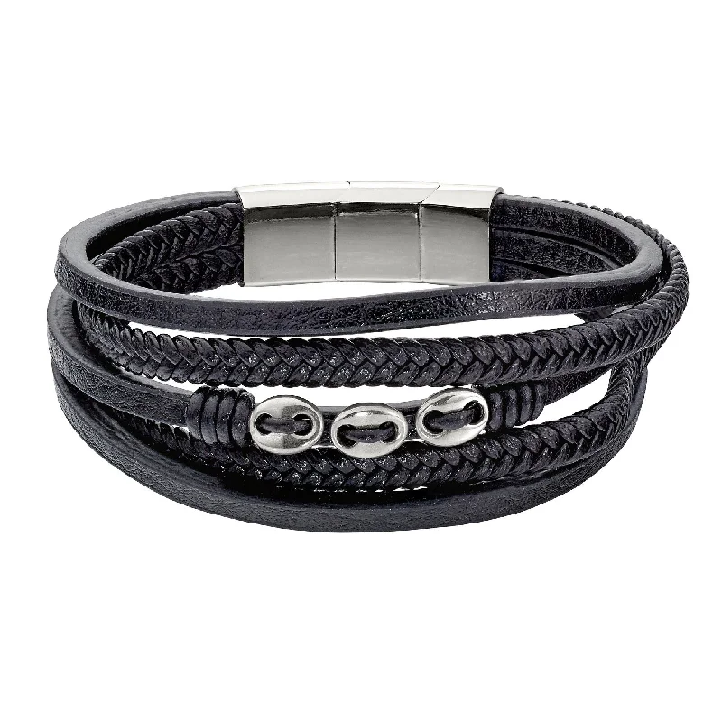 Ladies stretch bracelets-Black Leather 5 Cord Bracelet with 3 Stainless Steel Buttons