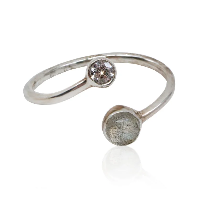 Ladies adjustable rings-Sterling Silver Labradorite and Zirconia Ring from France- Size 6.5, Adjustable