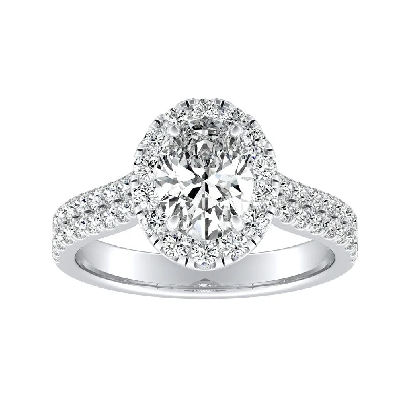 Ladies solitaire engagement rings-Oval Shape Halo Diamond Engagement Ring 1ctw 18k Gold