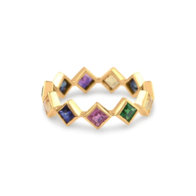 Ladies fashion rings-Multicolor Stone Sq. Ring In 18K Yellow Gold