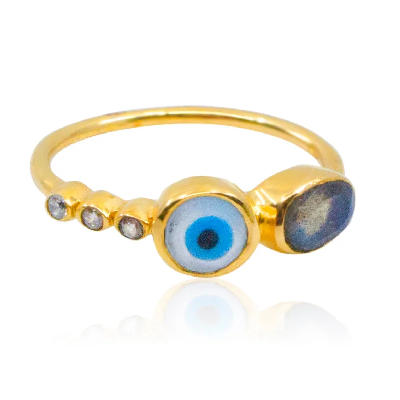 Ladies braided rings-Labradorite and Zirconia Evil Eye Gold Plated Statement Ring- Size 7