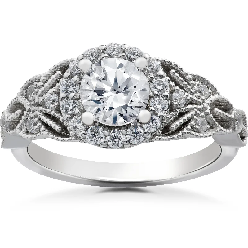 Ladies classic engagement rings-1 1/5 Ct Vintage Halo Diamond Antique Floral Engagement Ring 14k White Gold