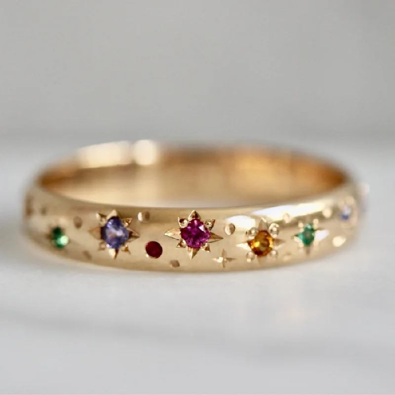 Ladies moonstone rings-Rainbow Celeste Rising Star Engraved Gemstone Band