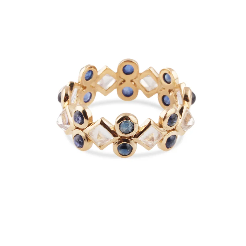 Ladies customized rings-Blue Sapphire Round & Rainbow Moonstone Square Ring In 18K Yellow Gold