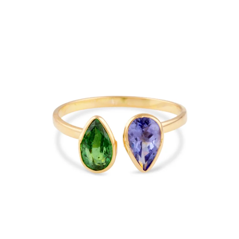 Ladies heart-shaped rings-Tanzanite & Emerald Pear Shape Ring In 18K Yellow Gold