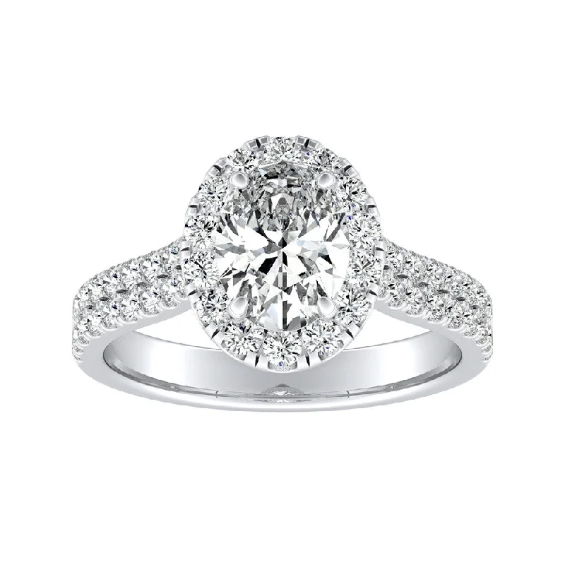 Ladies cushion cut diamond engagement rings-Oval Shape Halo Diamond Engagement Ring 1 1/2ctw Platinum