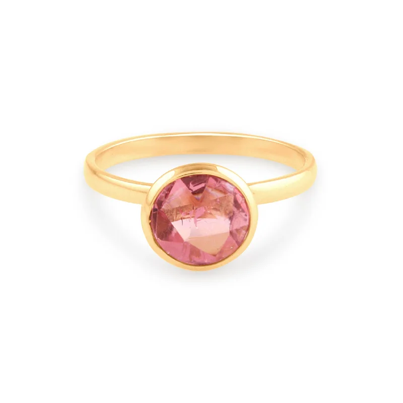 Ladies mixed metal rings-Pink Tourmaline Round Ring In 18K Yellow Gold