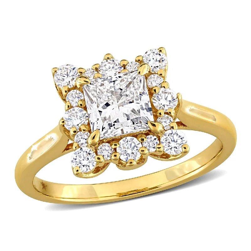 Ladies sparkling engagement rings-Created Forever by Miadora 1 1/2ct Princess Round-Cut Lab-Grown Diamond Halo Engagement Ring in 14k Yellow Gold