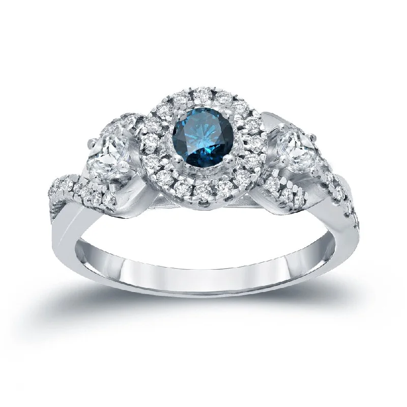 Ladies diamond solitaire rings-Auriya Unique 3-stone Blue Diamond Halo Engagement Ring 3/5ct TDW 14k Gold