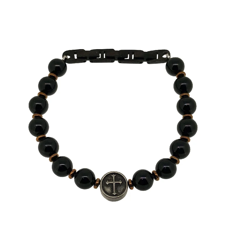 Ladies tennis bracelets-Black Beaded Stone Bracelet with Stainless Steel Cross