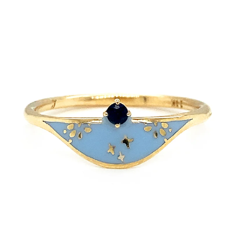 Ladies romantic rings-Blue Sapphire & Enamel Ring - "Sgraffito Abstract Blue"