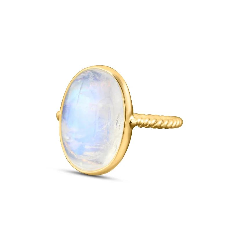 Ladies vintage rings-Rainbow Moonstone Oval Ring In 18K Yellow Gold