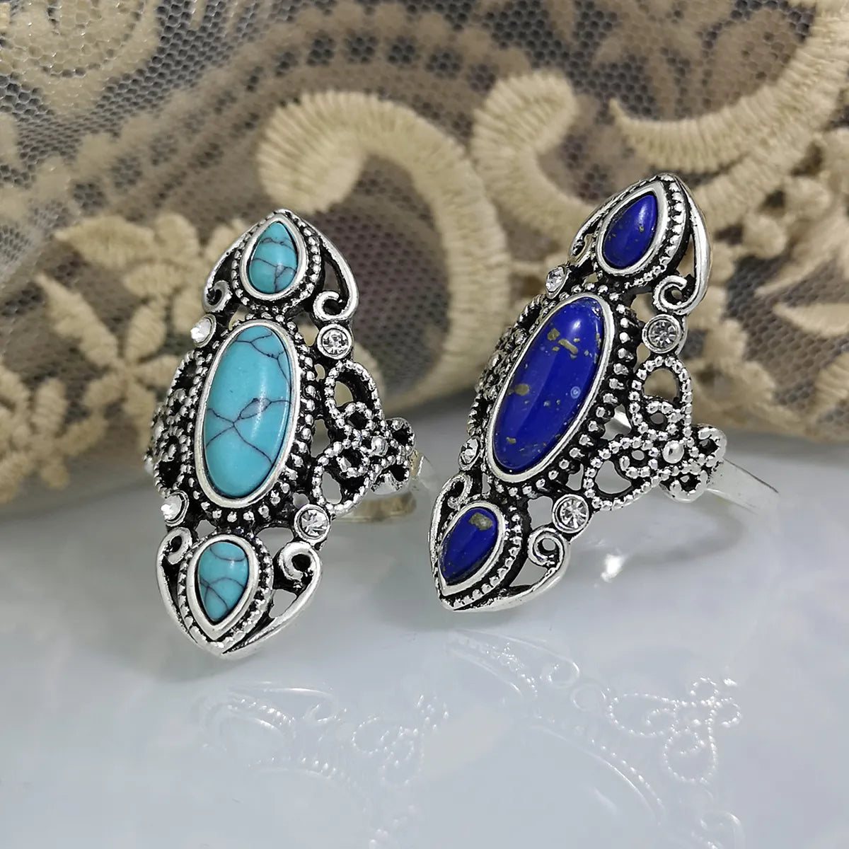 Ladies anniversary rings with diamonds-Retro Turquoise Creative Hollow Carved Lapis Lazuli Ring