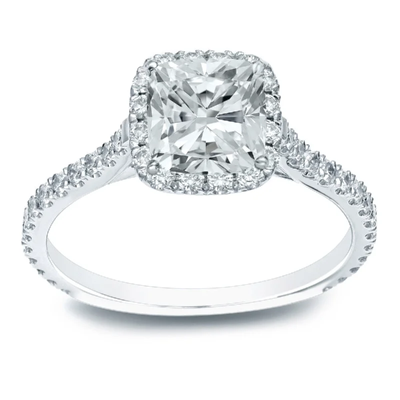 Ladies white gold engagement rings-Auriya Platinum 1 1/2ctw Cushion-cut Halo Diamond Engagement Ring Certified (H-I, I1-I2)