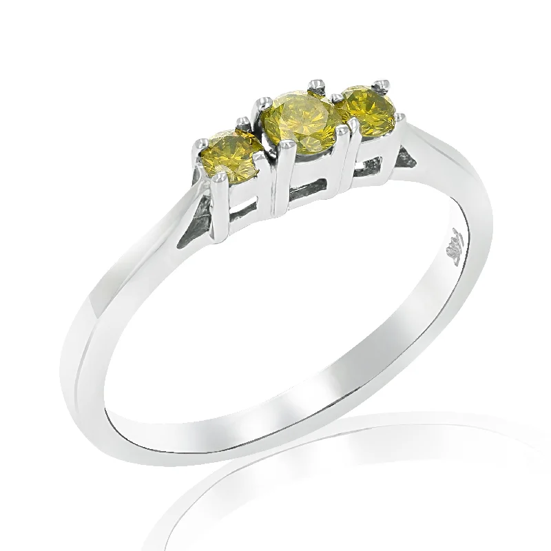 Ladies engagement rings with colored diamonds-1/4 cttw 3 Stone Yellow Diamond Engagement Ring in 14K White Gold Round