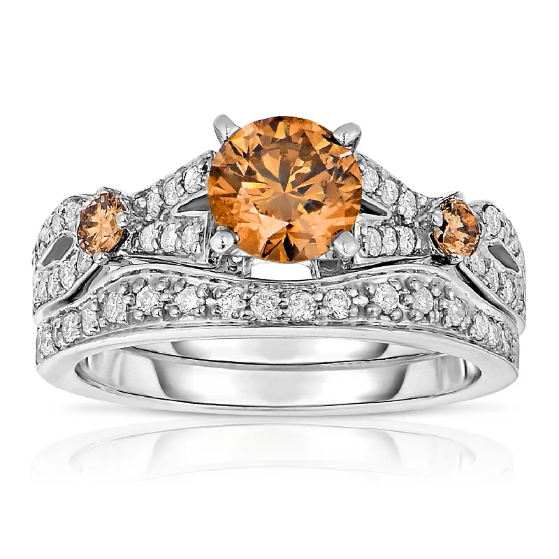 Ladies colored stone engagement rings-1.60 cttw 3 Stone Champagne Diamond Engagement Ring 14K White Gold