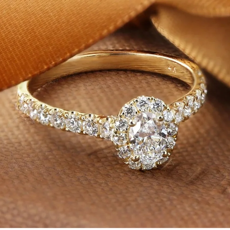 Ladies engagement rings with diamond pave-Auriya 14k Gold Classic Oval-cut Halo Diamond Engagement Ring 7/8ctw