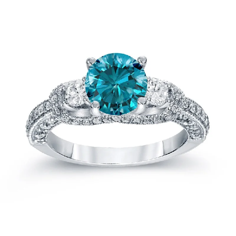 Ladies platinum diamond engagement rings-Auriya Vintage 2ctw Round 3 Stone Blue Diamond Engagement Ring Platinum