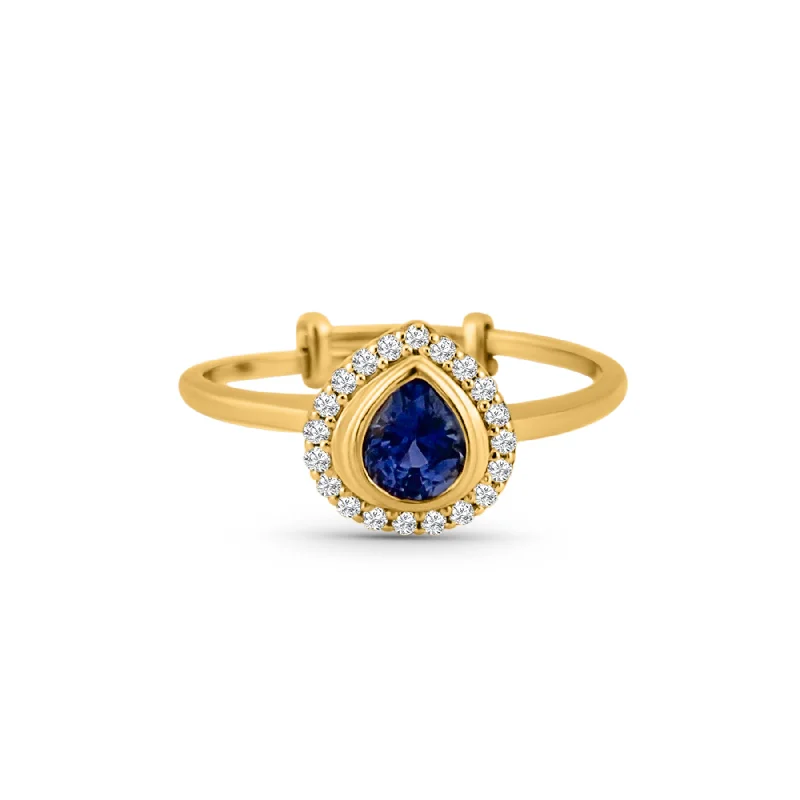 Ladies solitaire rings-Blue Sapphire Pear Shape Ring In 18K Yellow Gold