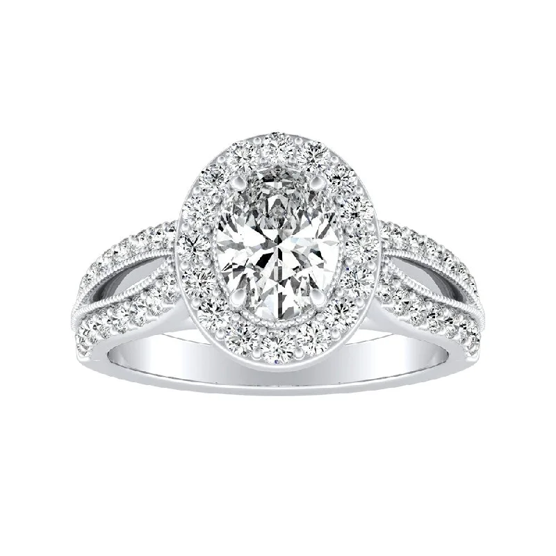 Ladies two-tone engagement rings-Vintage Halo Oval Diamond Engagement Ring 1ctw Platinum by Auriya