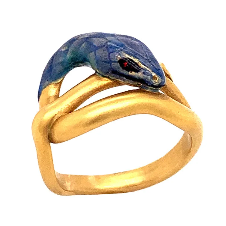 Ladies classic rings-Yellow Gold and Enamel Ring- "The Blue Serpent"