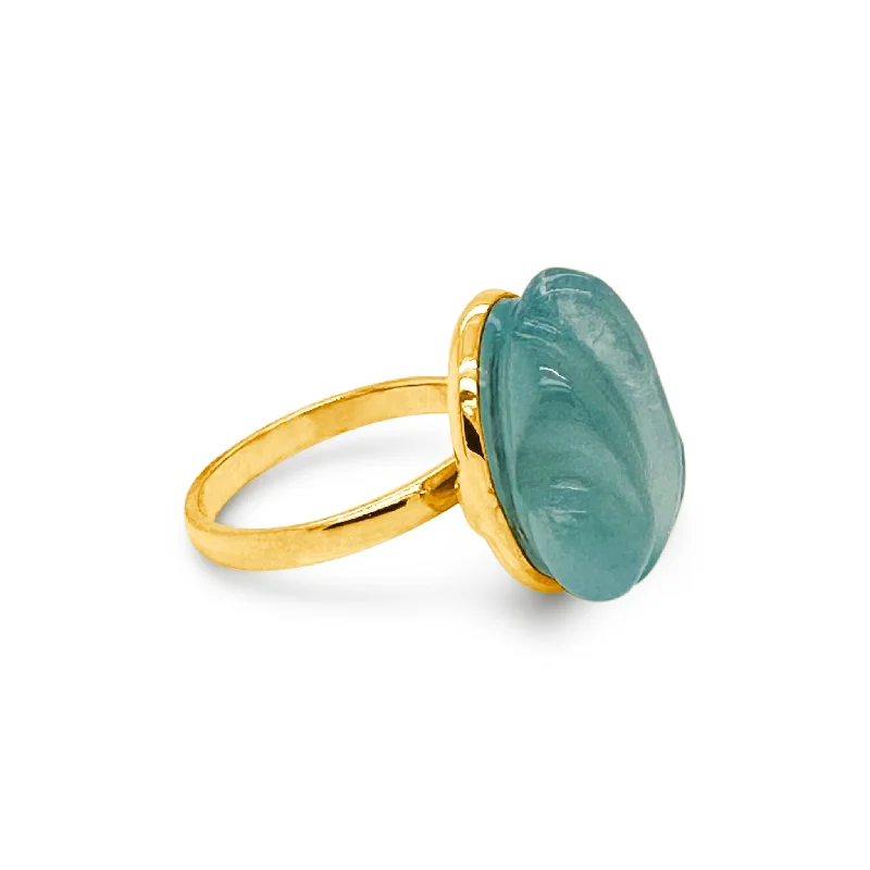 Ladies luxury diamond rings-Aquamarine Carved Ring In 18K Yellow Gold