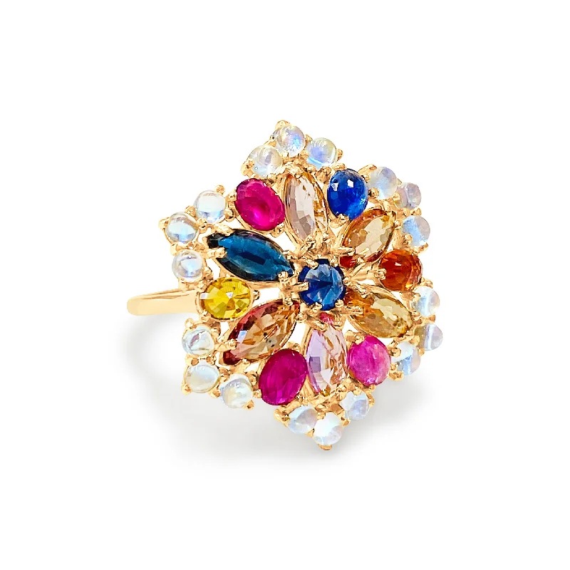 Ladies wedding ring sets-Multishape Multicolor Gemstone Ring In 18K Yellow Gold