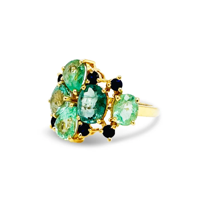 Ladies sterling silver rings-Paraiba Tourmaline Mix Shape & Blue Sapphire Rd. Ring In 18K Yellow Gold