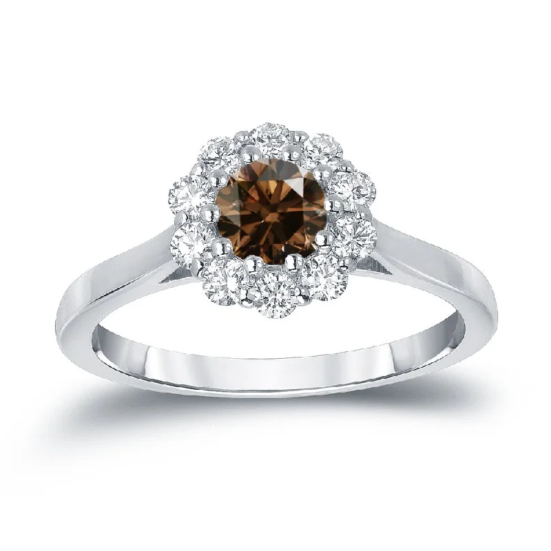 Ladies affordable gold engagement rings-Auriya 14k Gold 3/4ctw Brown Diamond Halo Engagement Ring