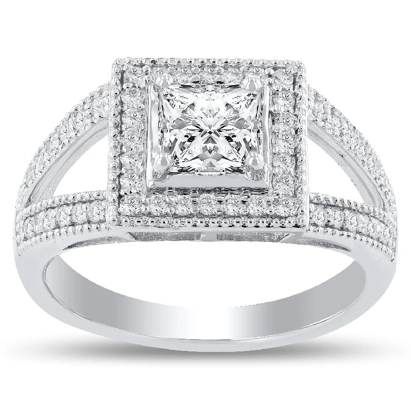 Ladies vintage diamond engagement rings-Auriya Platinum 1ctw Princess-cut Halo Diamond Engagement Ring(E, VS2)