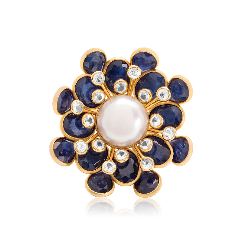 Ladies cluster rings-Blue Sapphire, White Sapphire And Pearl Flower Ring In 18K Yellow Gold