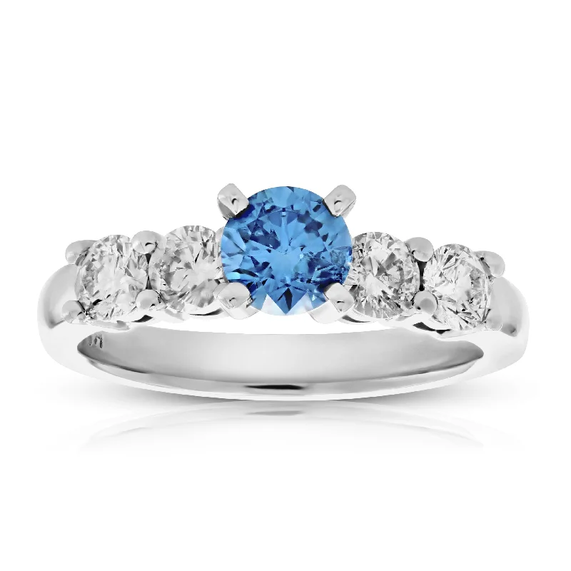 Ladies channel set engagement rings-1.40 cttw Blue and White Diamond Engagement Ring 14K White Gold Bridal