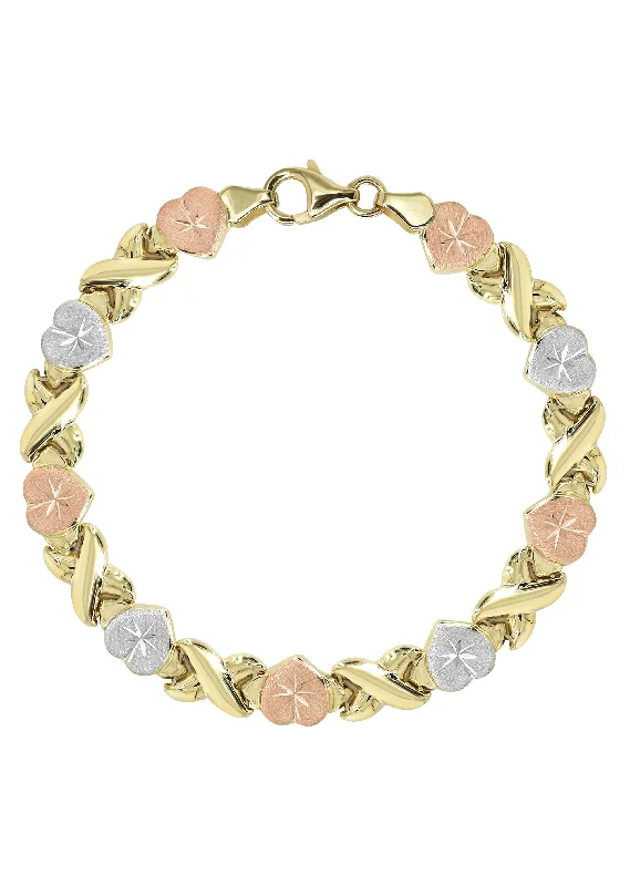 Ladies crystal bangles-YELLOW GOLD "XO HEART" HOLLOW TRI-COLOR BRACELET FOR WOMEN | APPX 5.4 GRAMS