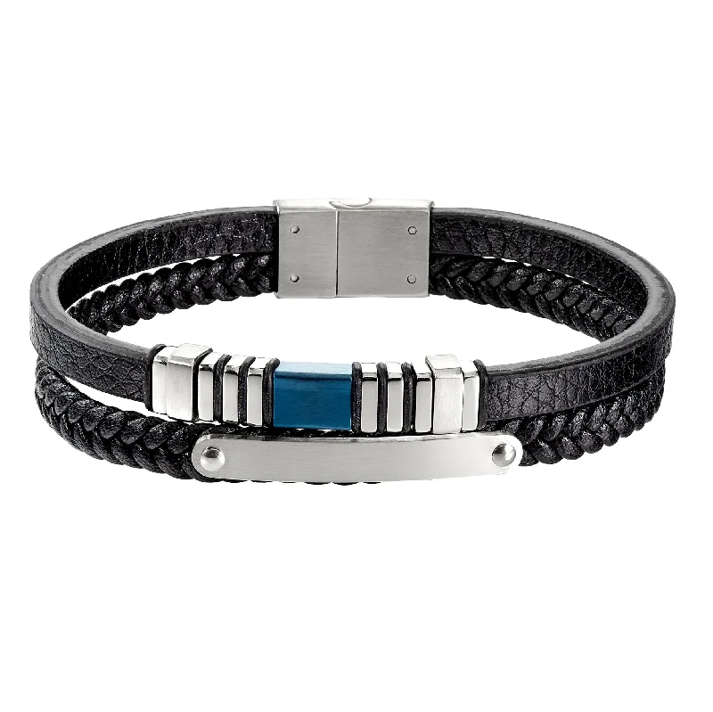 Ladies gold bangles with diamonds-Navy Blue Leather 2 Cord Bracelet with Blue Stainless Steel Bar