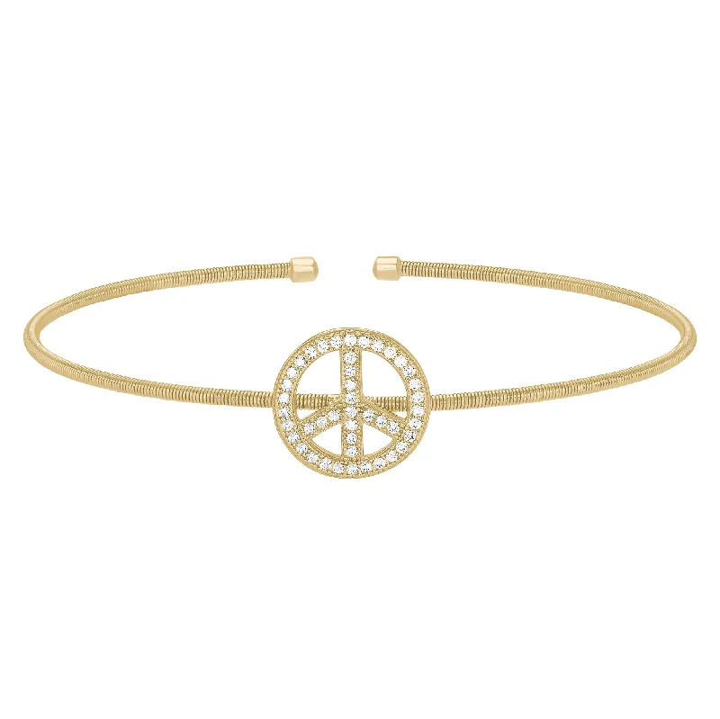 Ladies romantic bracelets-Peace Sign Bracelet with Flexible Cable & Simulated Diamonds