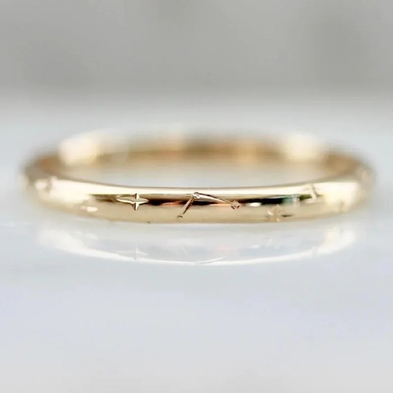 Ladies birthstone rings-Equinox Moon and Constellation Engraved Gold Band