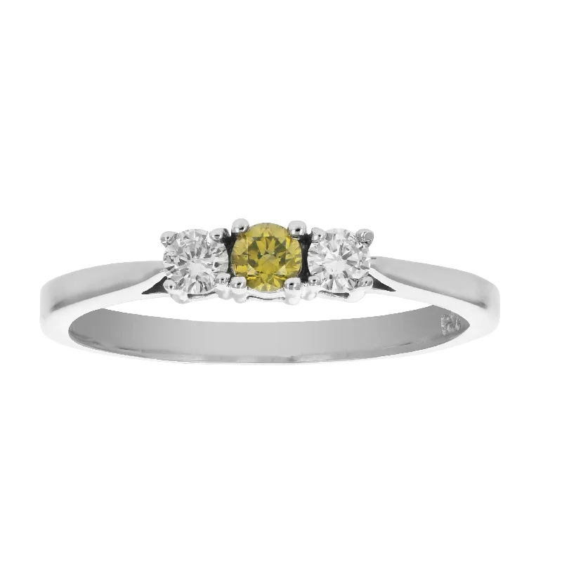 Ladies designer engagement rings-1/4 cttw 3 Stone Yellow and White Diamond Engagement Ring 14K White Gold