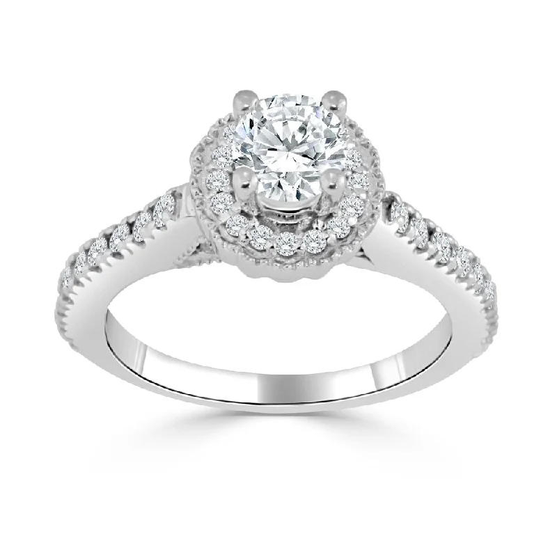 Ladies timeless engagement rings-Auriya Unique Vintage 3/4ctw Round Halo Diamond Engagement Ring 14k Gold