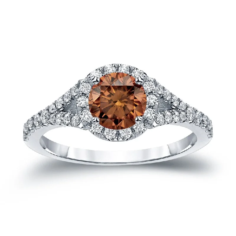 Ladies designer engagement rings-14k Gold Round 1 1/2ct TDW Brown Diamond Halo Engagement Ring by Auriya