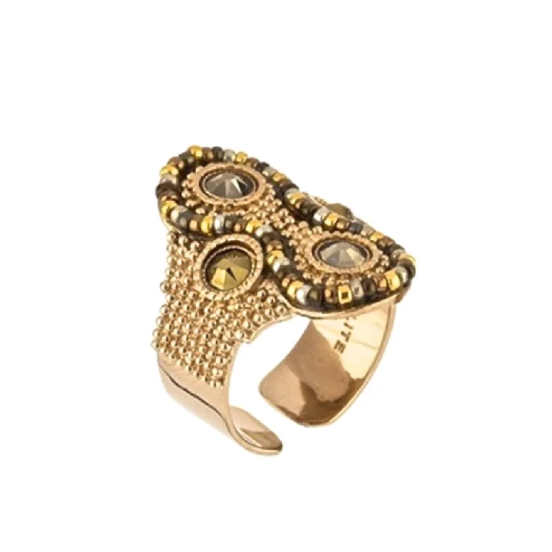 Ladies delicate gold rings-Golden Swarovski and Japanese Bead Ring by Satellite Paris