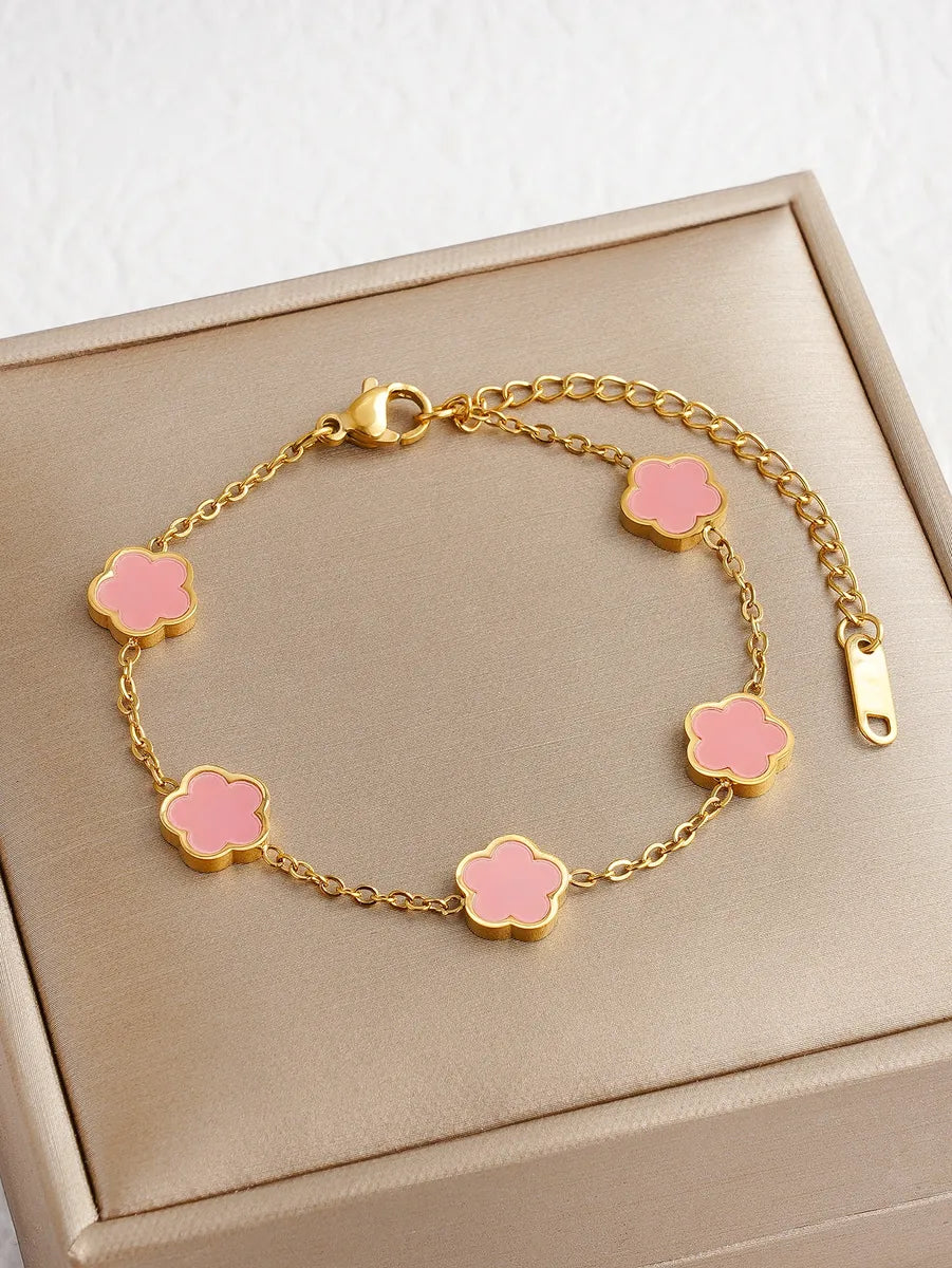 Ladies solid gold bracelets-304 Stainless Steel 18K Gold Plated Cute Lady Sweet Enamel Flower Bracelets