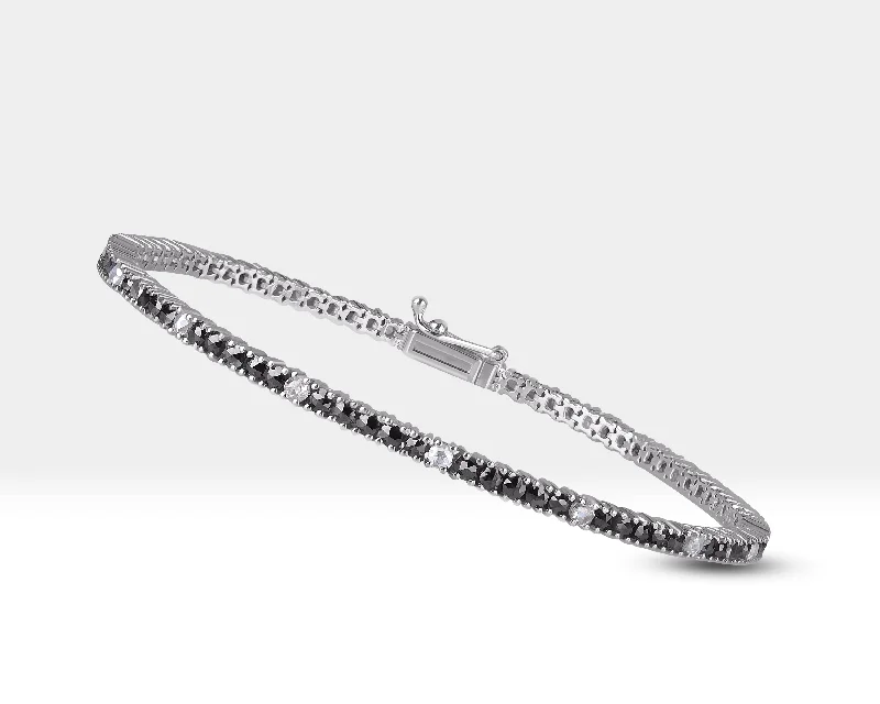 Ladies slim bangles-Tennis Bracelet,Black Diamond and Diamond Stones Tennis Solid Gold Bracelet,14K Solid Gold